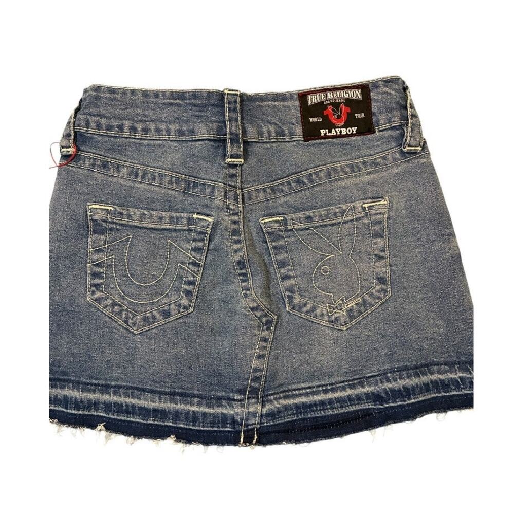 True Religion x Playboy Denim Mini Skirt 25 NWT Bunny Y2K Raw Hem Low Rise